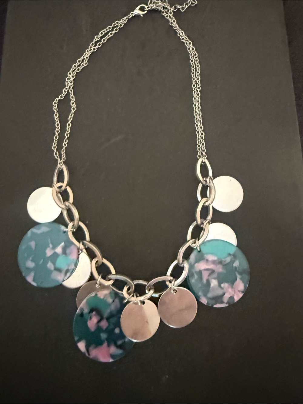 Statement Silver Necklace with Teal and Pink Acrylic Discs